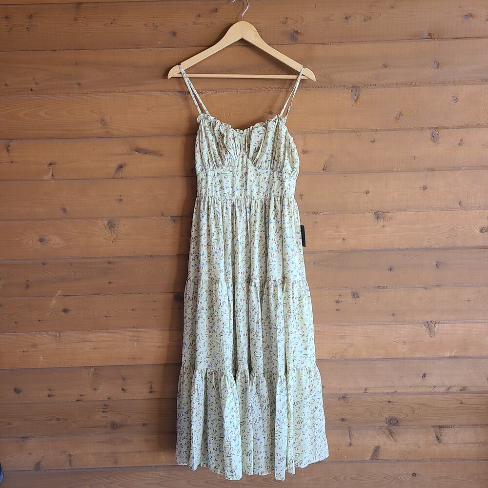 Lulu's Pastel Yellow Floral Bustier Tier Flowy Maxi Dress M NWT Prairie Cottage